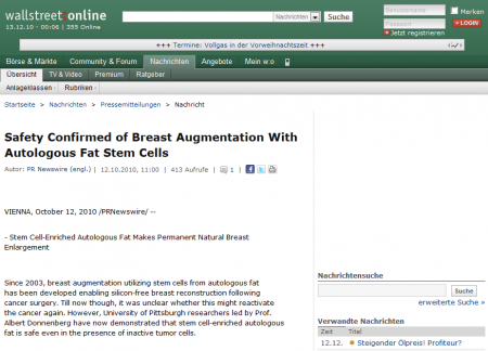 Wallstreet:online: Safety Confirmed of Breast Augmentation With Autologous Fat Stem Cells