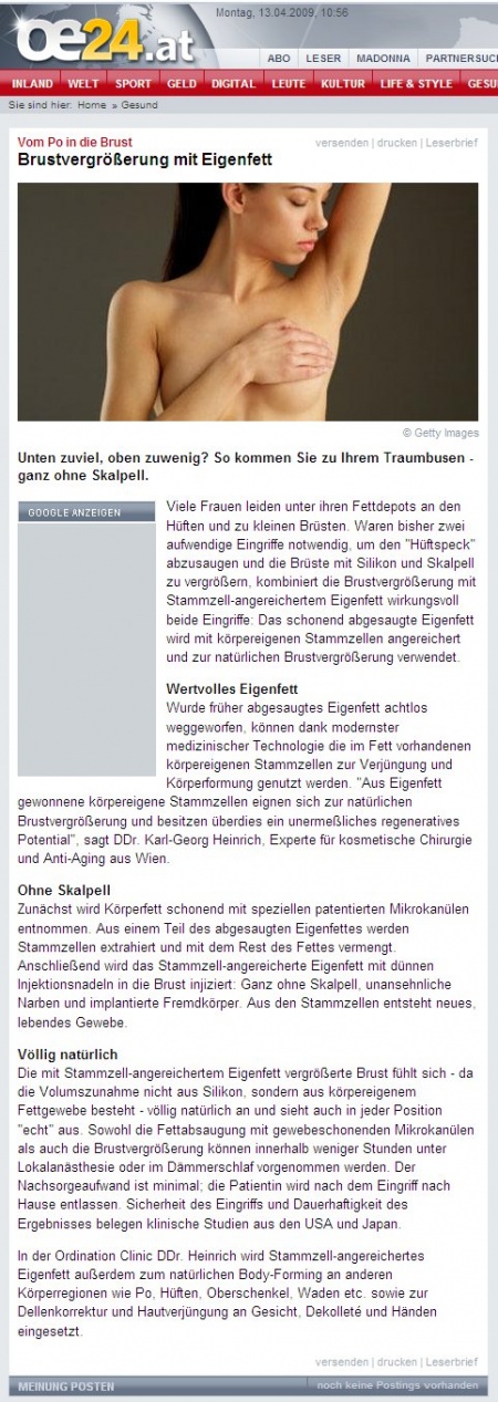 oe24.at: Vom Po in die Brust: Brustvergrößerung mit Eigenfett