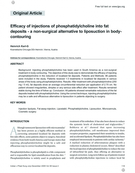Indian Journal of Plastic Surgery: Efficacy of injections of phosphatidylcholine into fat deposits