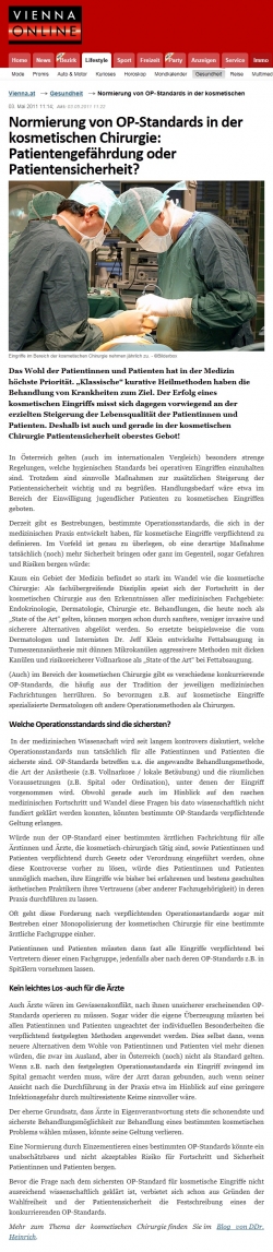 Vienna Online: Normierung von OP-Standards in der kosmetischen Chirurgie: Patientengefährdung oder Patientensicherheit?